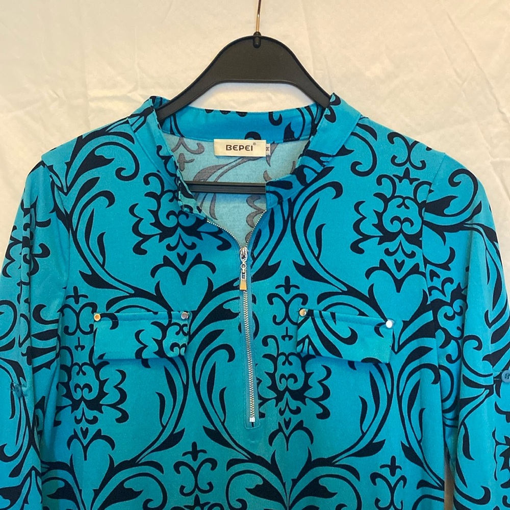 Teal printed zip up dress shirt